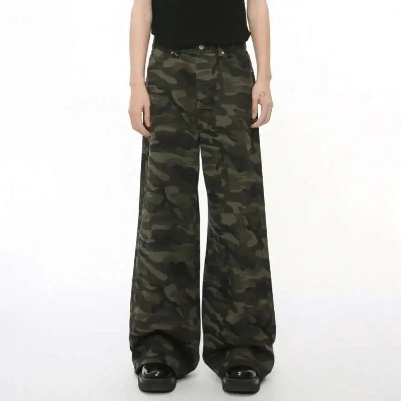 Vintage Camouflage Men's Jeans Fashion Washed Casual Wide Leg Denim Pants Autumn Winter Loose Male Trousers Old Blue 9C354 voguable
