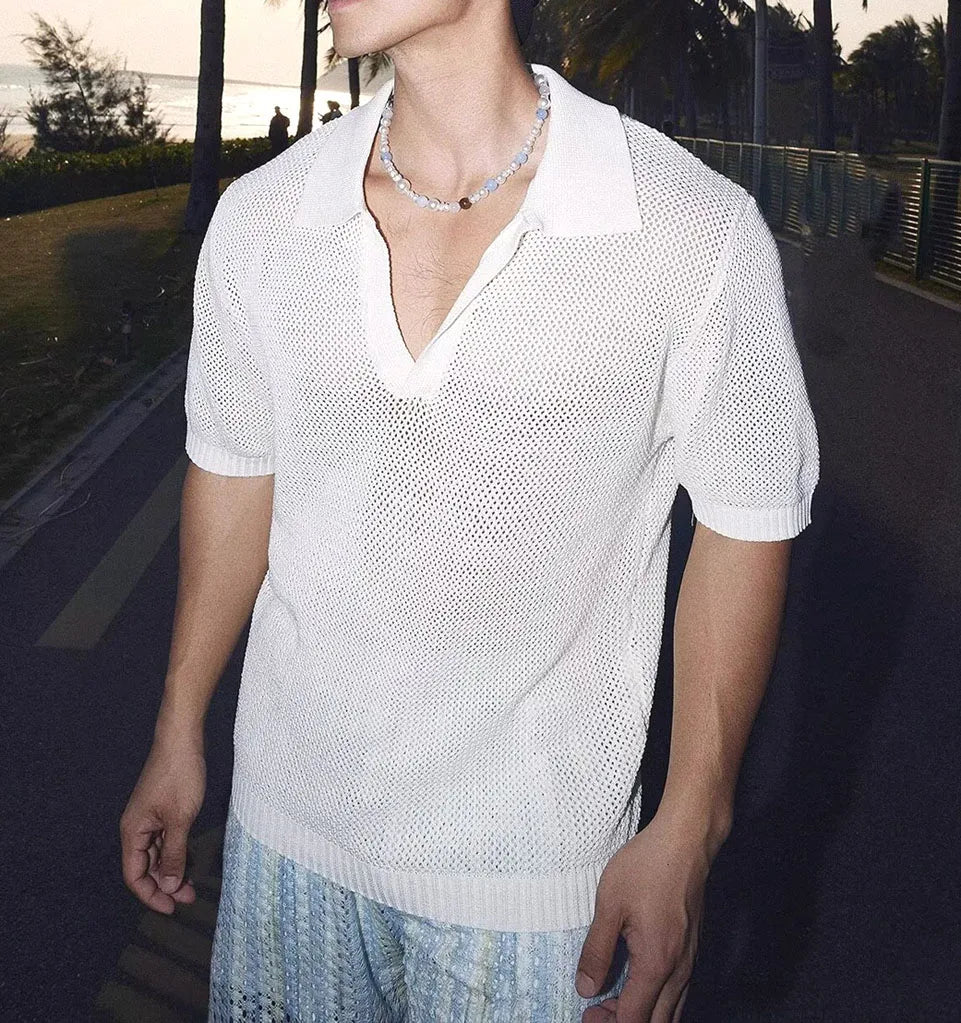 Voguable  Mesh Knitted Short Sleeve  Shirt with Large V-Neck for Men Breathable See-through Design Summer Fashion T-shirt for Teens voguable
