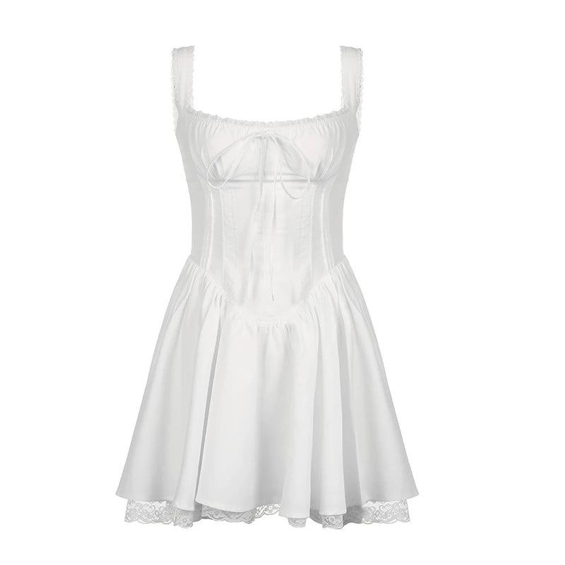 Voguable  High-quality Lace Panel A-line Dress White Coquette Party Holiday Sleeveless Mini Corset Dresses Elegant Sweet Robe New voguable