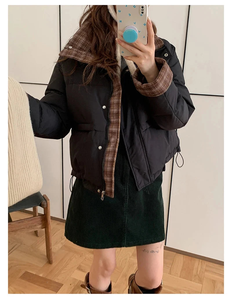 Winter Retro Puffy Parkas Women Warm Thick Plaid Patchwork Cute Coat Casual Preppy Style Korean Long Sleeve Cotton Jackets voguable