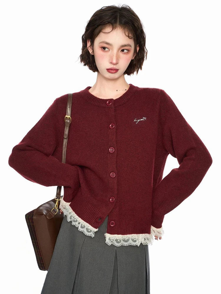Lace Patchwork Retro Cardigan Women Streetwear Long Sleeve O Neck Knitted Sweaters American Casual Letter Vintage Fall Tops voguable