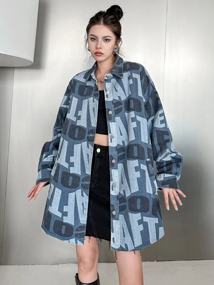 Loose Fit Blue Letter Printed Denim Big Size Jacket New Lapel Long Sleeve Women Coat Fashion Spring Autumn voguable