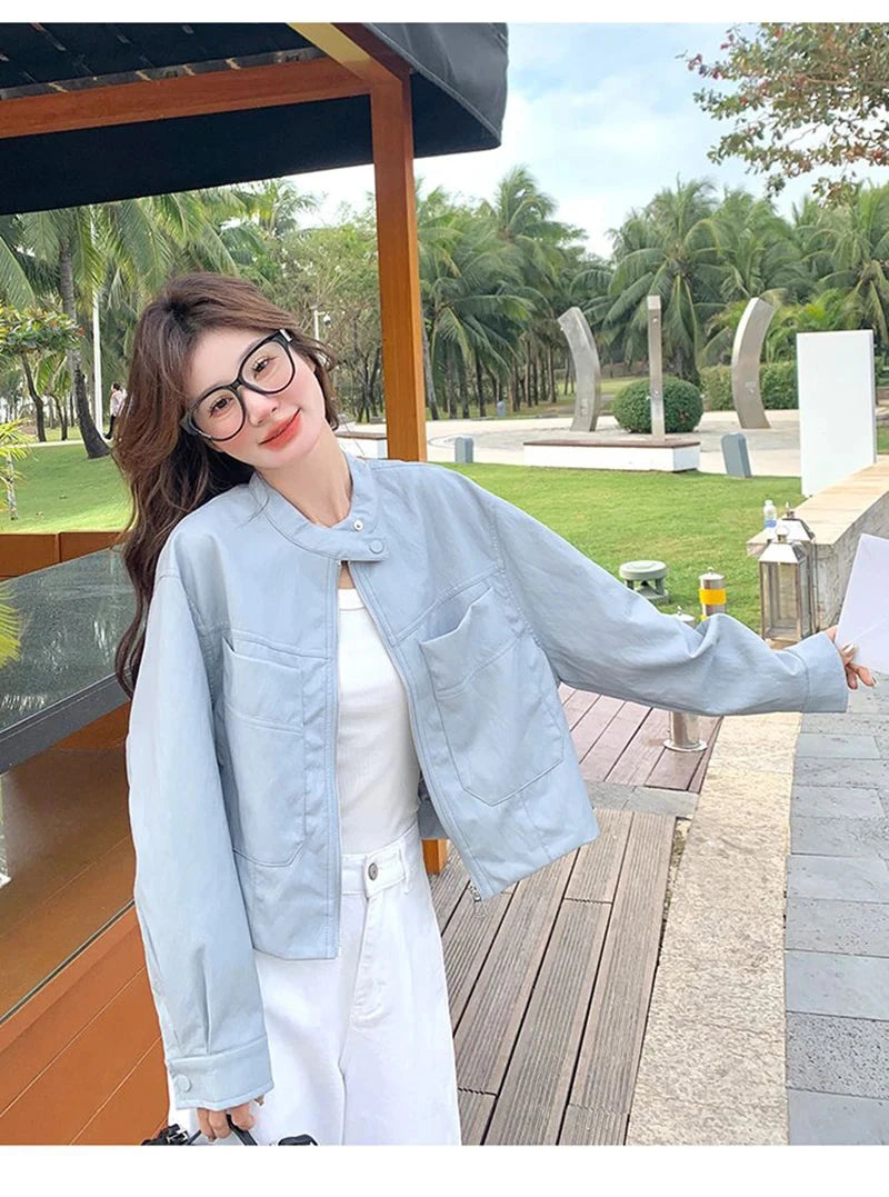 Sweet Biker Pu Jacket Women Vintage Preppy Style Big Pockets Short Coat Casual Korean Long Sleeve Retro O Neck Cute Tops voguable