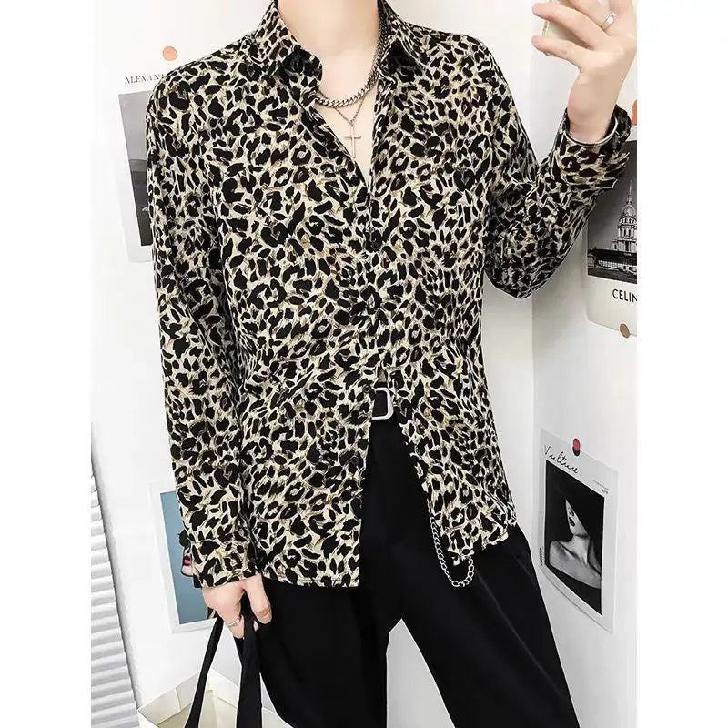 Voguable  Leopard Print Men's Loose Premium Iron-Free Fashion Vintage Long Sleeve Printed Shirt voguable