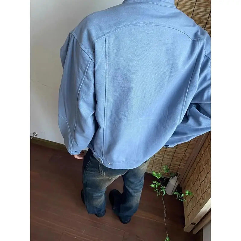 Punk Spliced Jacket High-end Blue Short Work Cargo Coat Men's Handsome Trendy Solid Color Zipper Jacket All-match Top voguable