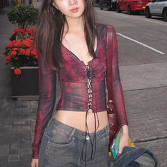 Grunge Crop Tops y2k Clothes Women Tie Dye Print Tie Front V Neck Long Sleeve Mesh T Shirts 2000s Clothing Streetwear voguable