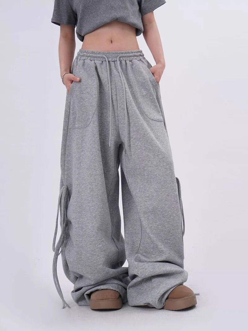 Streetwear Gray Sweatpants Women Low Waist Loose Harajuku Pockets Pants American Casual Hip Hop Lace Up Oversize Bf Trousers New voguable