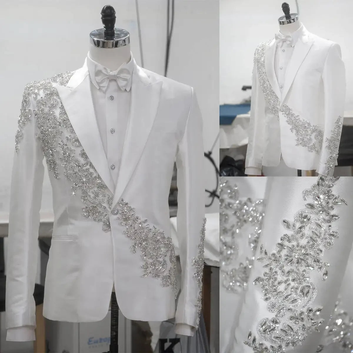 Voguable  Luxury Men's Suits Tailored Beaded Appliques Crystals 2 Pieces Blazer with White Pants Peaked Lapel Formal Wedding Tuxedo voguable