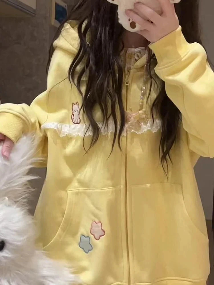 Women Cute Cartoon Hoodies Vintage Lace Patchwork Loose Sweet Sweatshirts Fall Preppy Style Japan Pockets Lady Kawaii Tops voguable