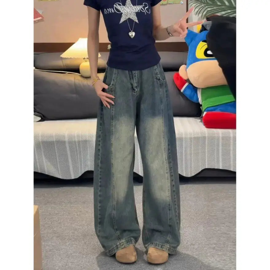 Voguable  Four Season Men women Jeans Korean Version Student Casual Pants High Street Straight Loose Wide Leg Jeans Retro Baggy Jean voguable