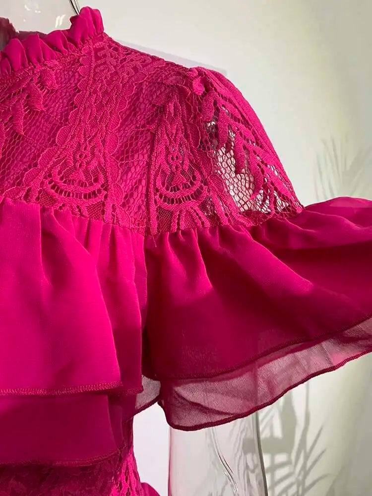Fashioin Designes Hollow Out Ruffled Evening Dresses For Women O Neck Short Sleeve Party Maxi Dress 2025 New Summer voguable