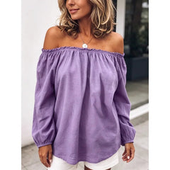 Voguable  Oversized Off Shoulder Casual Slash Neck Pleated Solid Color Long Sleeved Blouse Spring  Lightweight Loose Simple Women's Shirt voguable