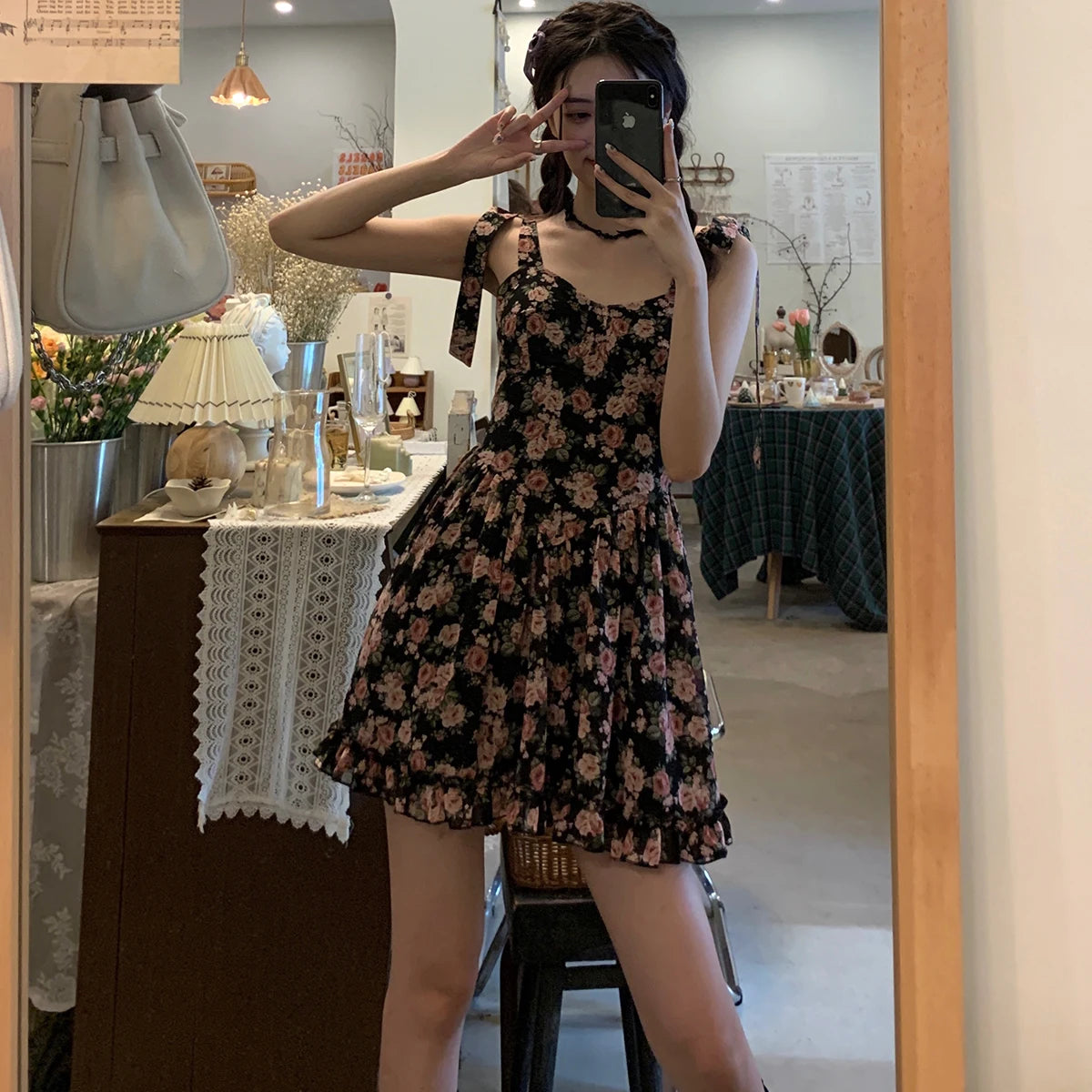 Voguable  New Summer Elegant Lace-up Bow Women Strap Dress Cute Floral Printing Off Shoulder Sleeveless V-neck Hot Chick Mini Dress voguable