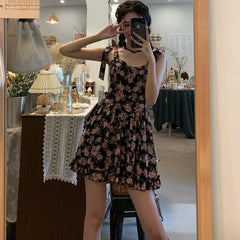 Voguable  New Summer Elegant Lace-up Bow Women Strap Dress Cute Floral Printing Off Shoulder Sleeveless V-neck Hot Chick Mini Dress voguable
