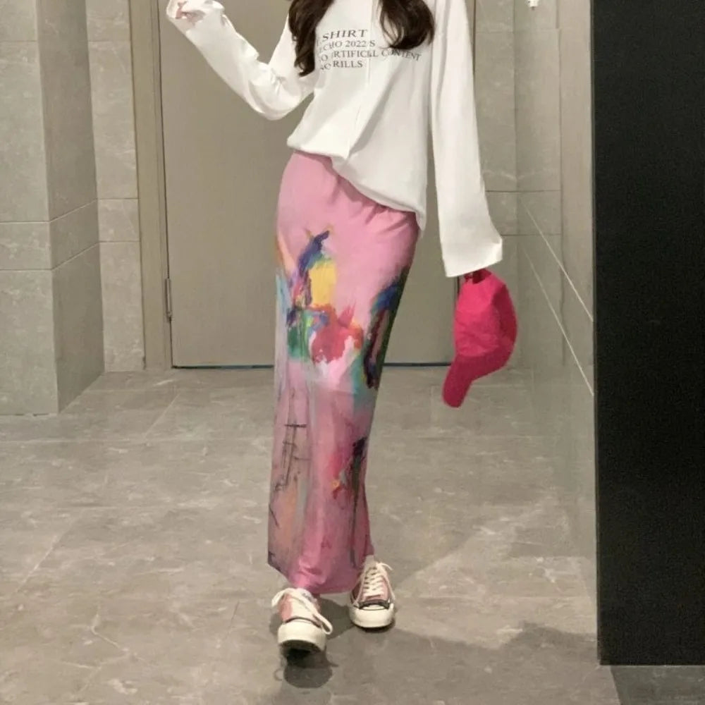 Voguable  A-line High Waist Mid-length New Skirt Personalized Korea Streetwear Print Mesh Falda Straight Vent All-match Fresh Skirt voguable