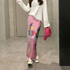 Voguable  A-line High Waist Mid-length New Skirt Personalized Korea Streetwear Print Mesh Falda Straight Vent All-match Fresh Skirt voguable