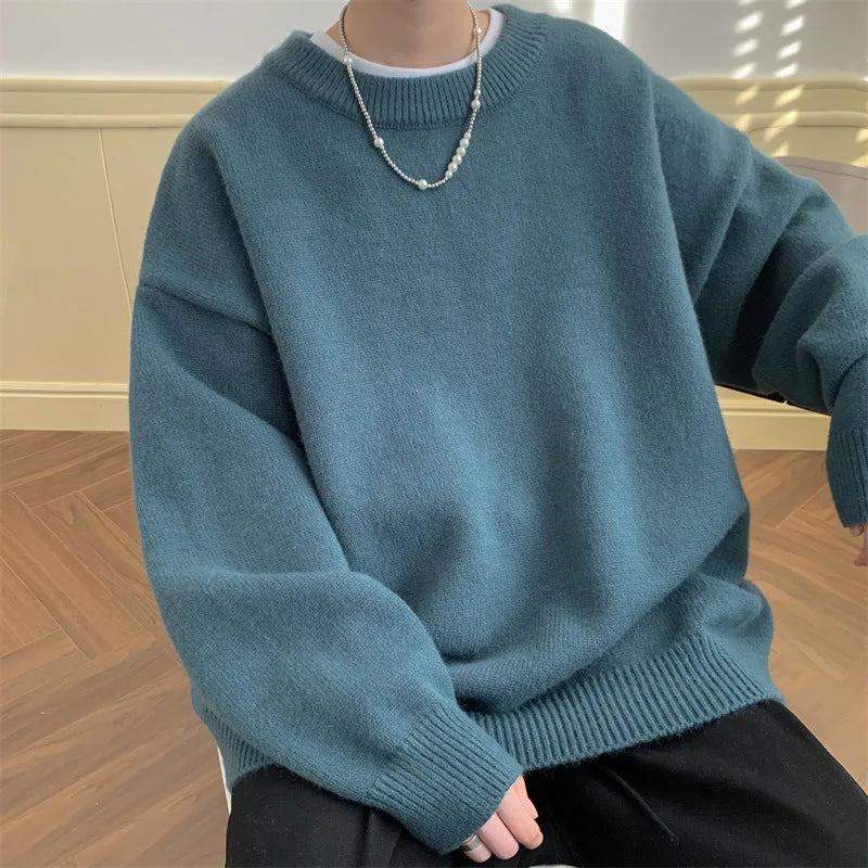 New Japanese Retro Men Knitted Sweater Light Luxury Casual O Neck Solid Color Long Sleeve Pullovers Loose High Street Knitwear voguable