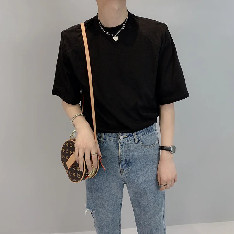 Voguable Summer Short Sleeve T-shirt Men Fashion Casual Shoulder Pad T-shirt Men Streetwear Korean Loose Round Neck T Shirt Men Top M-2XL voguable