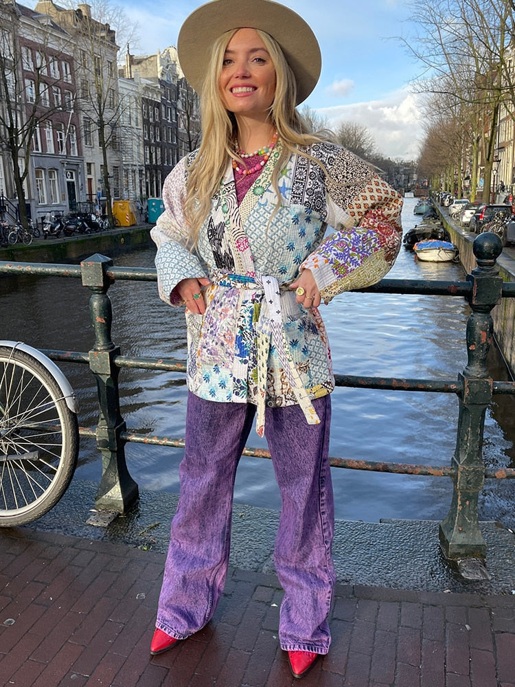 Fashion Patchwork Printed Coat Women Lace-up Autumn Thick Jacket Long Sleeve Female Vintage V-Neck Ladies Warm Streetwear voguable