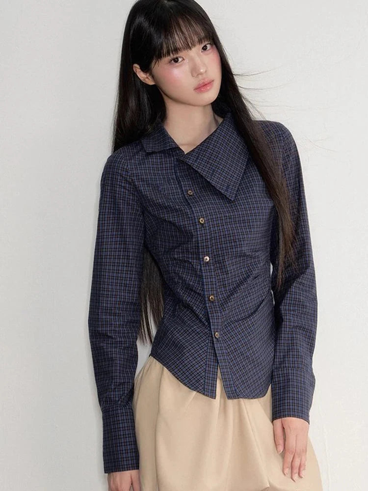 Vintage Slim Plaid Shirt Women Elegant Fall Long Sleeve Design Blouse Casual Preppy Style Female Retro Korean Sweet Tops voguable