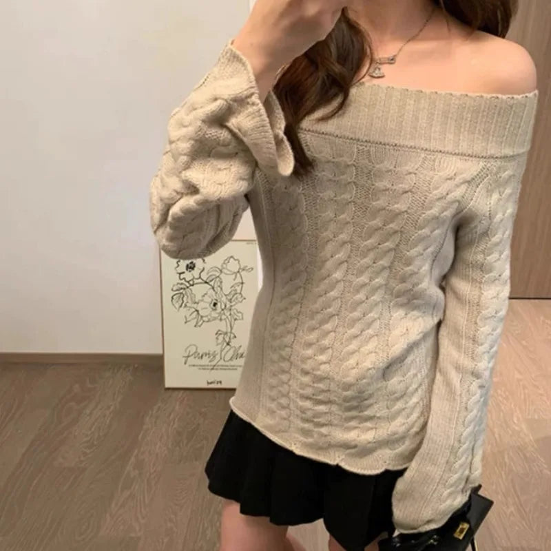 Slash Neck Pullovers Women Knitted Solid Jacquard Korean Fashion All-match Design Unique Sweet Spicy Girls Streetwear Temper voguable