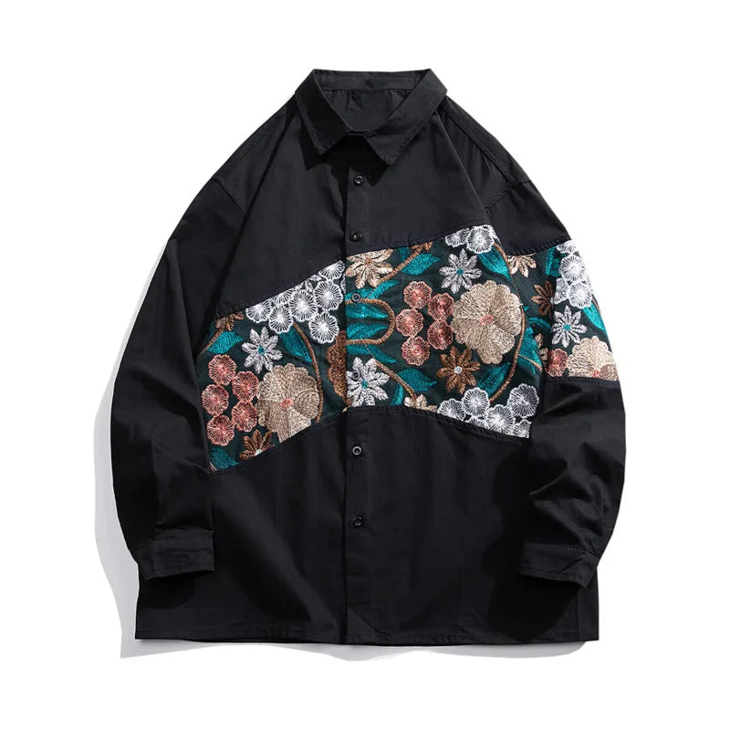Long Sleeved Shirt Men Fashion Retro Flower Shirt Mens Japanese Streetwear Hip-hop Loose Embroidered Shirt Men Large Size 5XL voguable