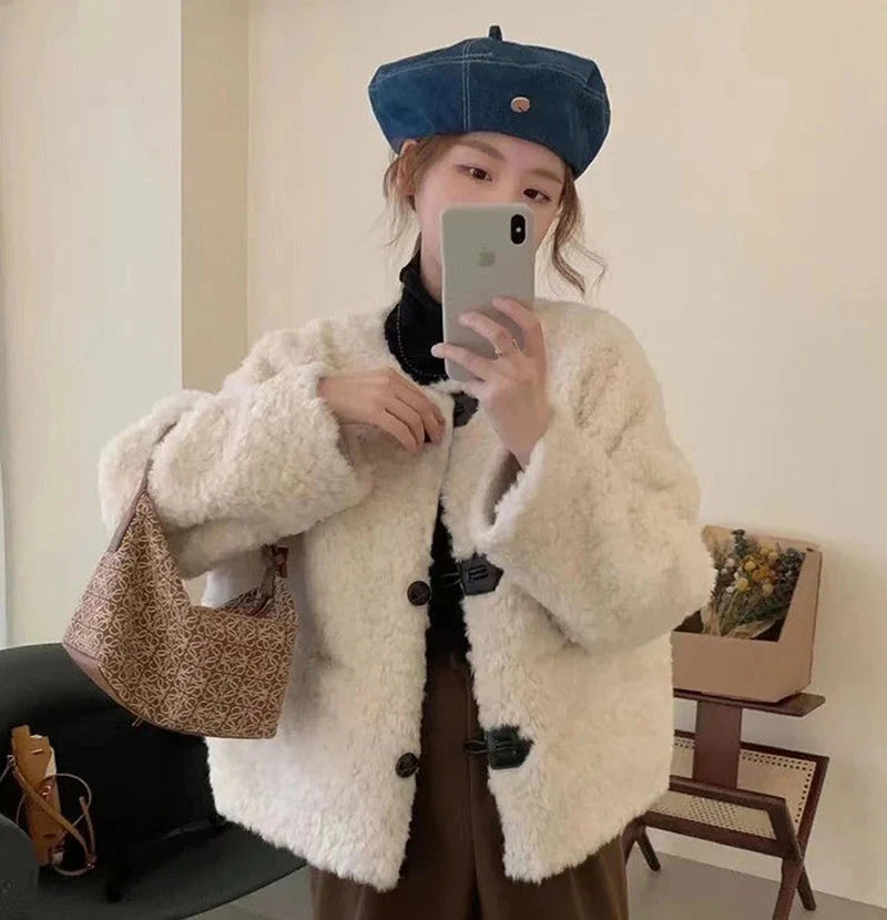 Korean Winter Faux Lamb Coat Women Slim Long Sleeve Warm Sweet Jacket Preppy Style Casual O Neck Female Cute Solid Tops New voguable