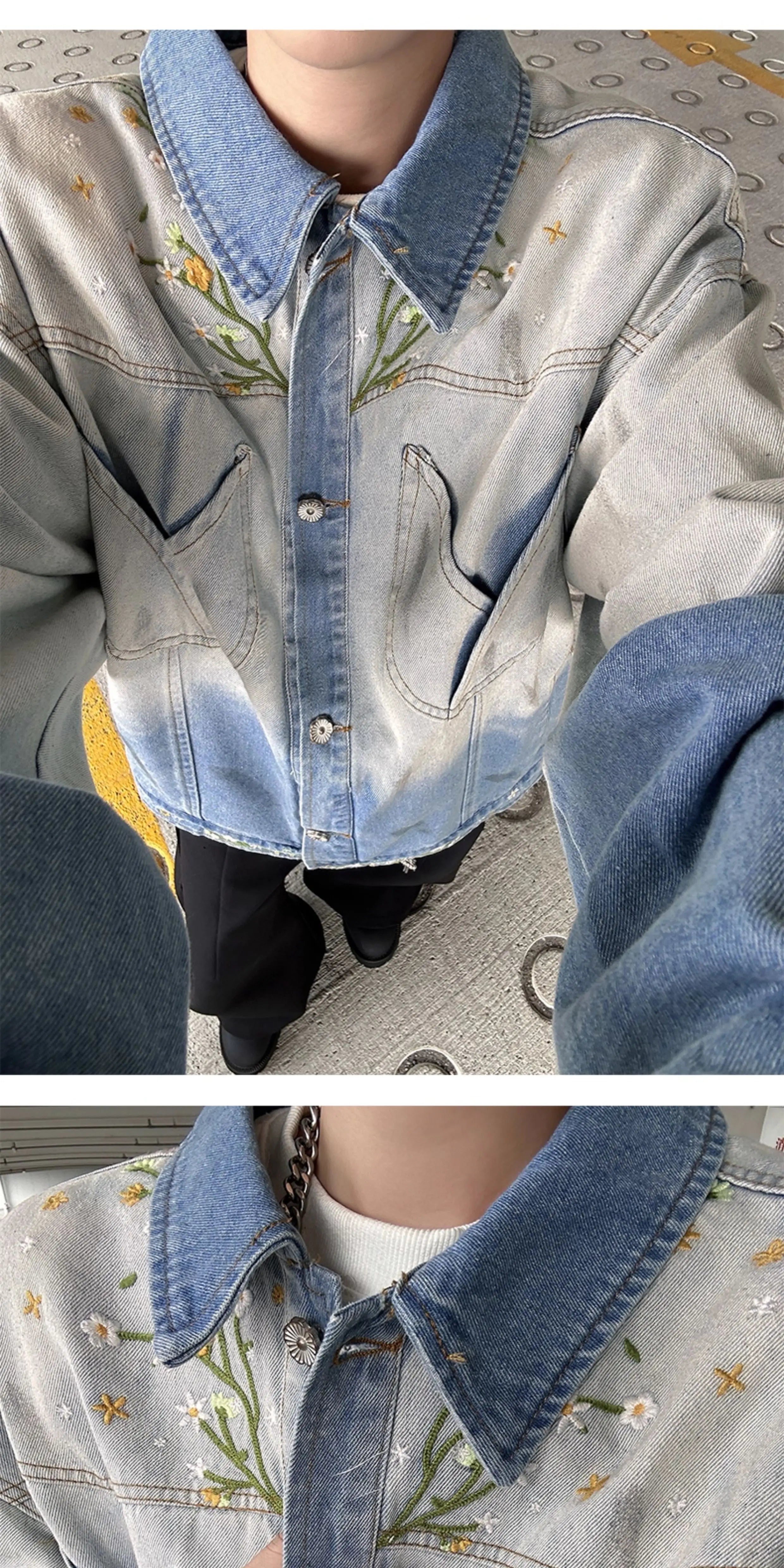 American Gradient Floral Embroidered Denim Jackets Men Women Korean Version Heavy Loose Tops Trendy Design Jackets Aesthetic voguable