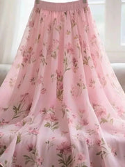 Chiffon Pink Floral Long Skirt Women Elegant Loose High Waist Chic Sweet Skirts Summer Casual Korean Fashion Long Skirts voguable