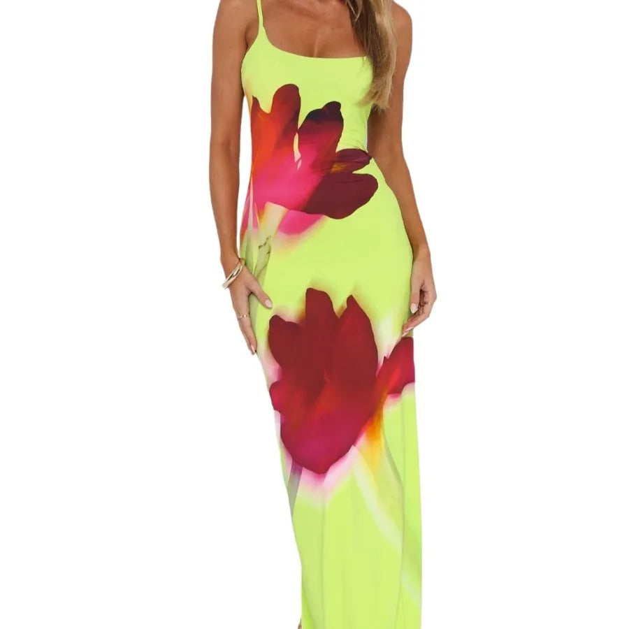 Voguable  European and American summer new fashionable vacation printed dress slim bag hip temperament suspender dress for women voguable