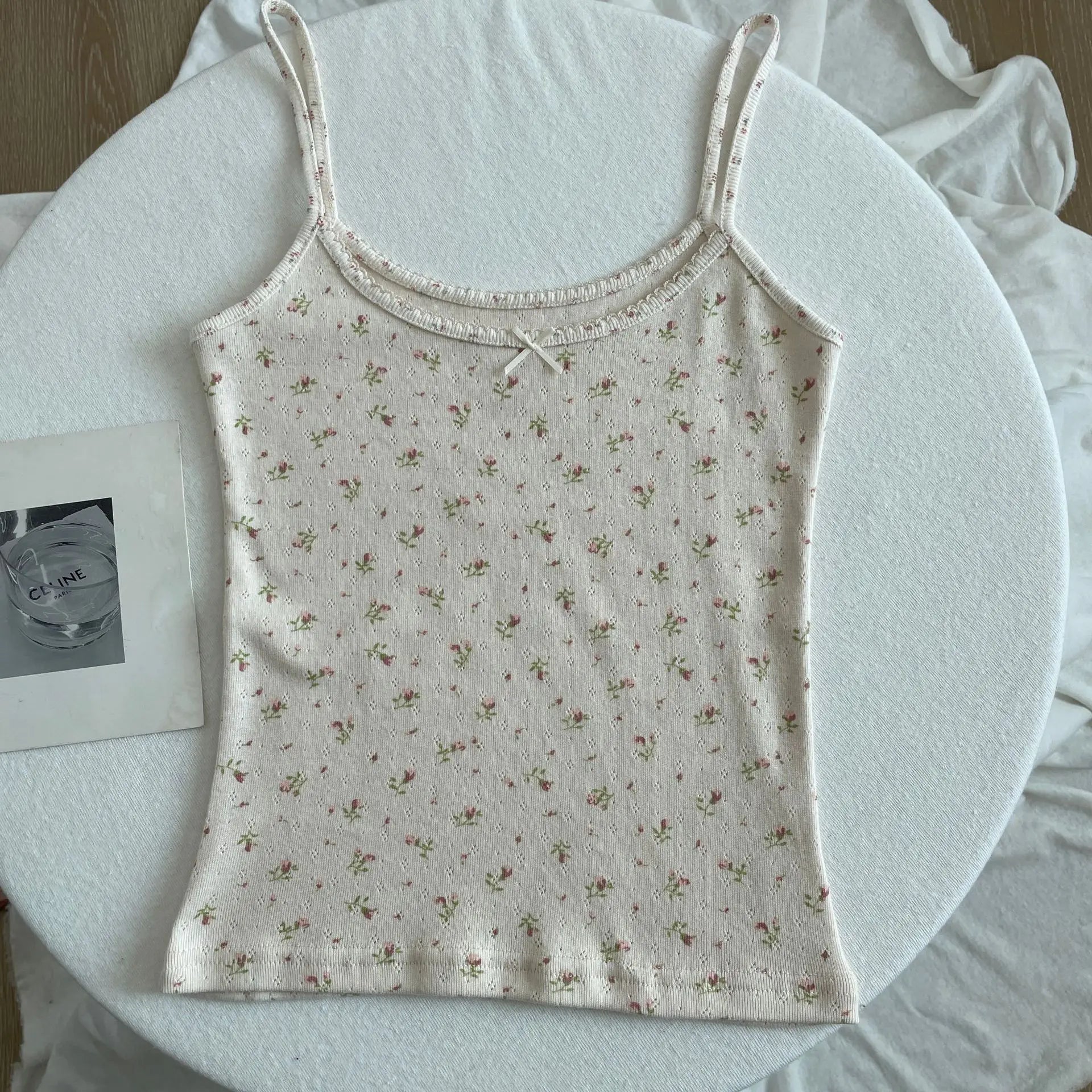 Floral Eyelet Bow Cotton Crop Tops Summer Lace Trim Sleeveless Slim Tank Top Women Preppy Style Sweet Camisole Y2k Clothes voguable