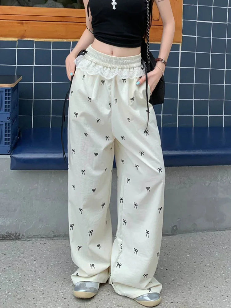 Bow Print Sweet Wide Leg Pant Women Loose Elegant Lace Patchwork Trousers Summer Vintage Cute High Waist Lady Casual Pants voguable