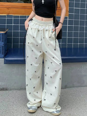 Bow Print Sweet Wide Leg Pant Women Loose Elegant Lace Patchwork Trousers Summer Vintage Cute High Waist Lady Casual Pants voguable