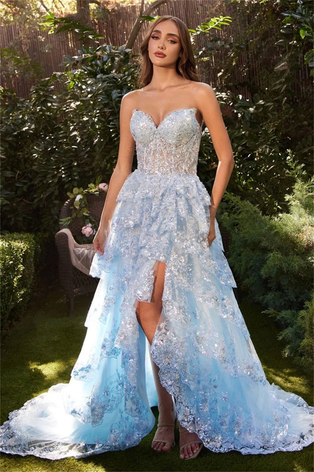 Voguable  Baby Blue Lace Prom Dress 2024 Princess Strapless Side Split Formal Occasion Dresses Sweet Shiny Lace Train Party Dress voguable