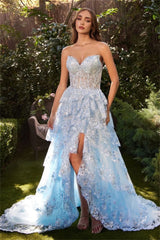 Voguable  Baby Blue Lace Prom Dress 2024 Princess Strapless Side Split Formal Occasion Dresses Sweet Shiny Lace Train Party Dress voguable