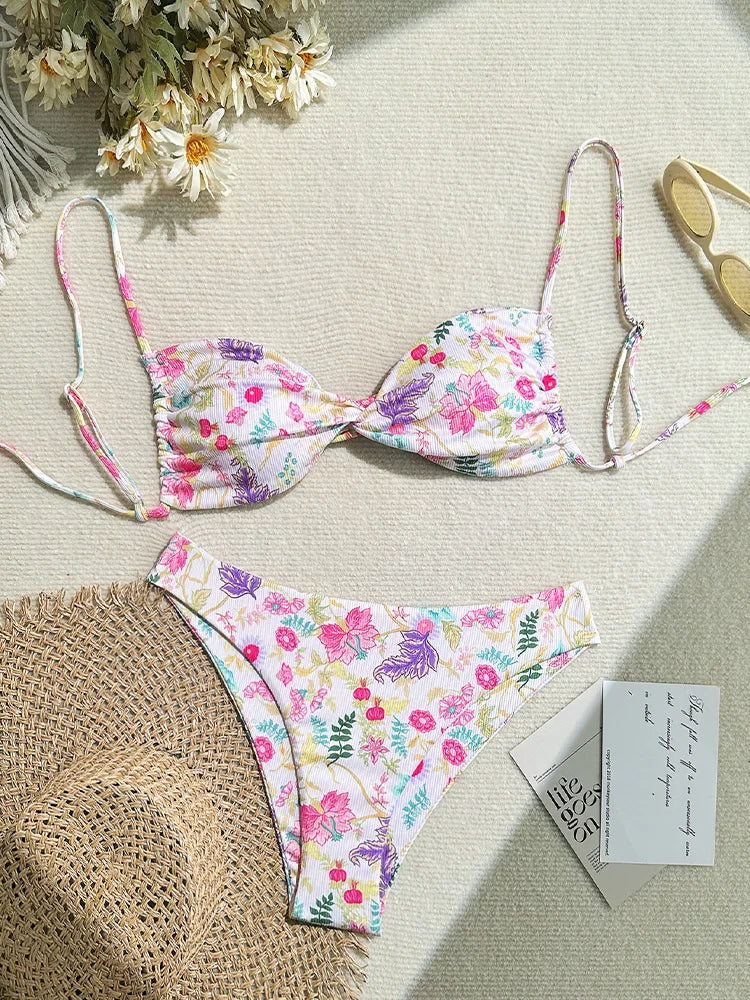 Voguable  Fashion Floral Backless Bandage Bikini Women Split Swimsuit Beach Vacation Bikini New All Season Bikinis 2 Piece Set voguable