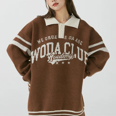 Voguable American Letter Embroidery Half Button POLO Shirts Oversized Sweater Brown Pullover Korean Preppy Girls Warm Winter Clothes voguable
