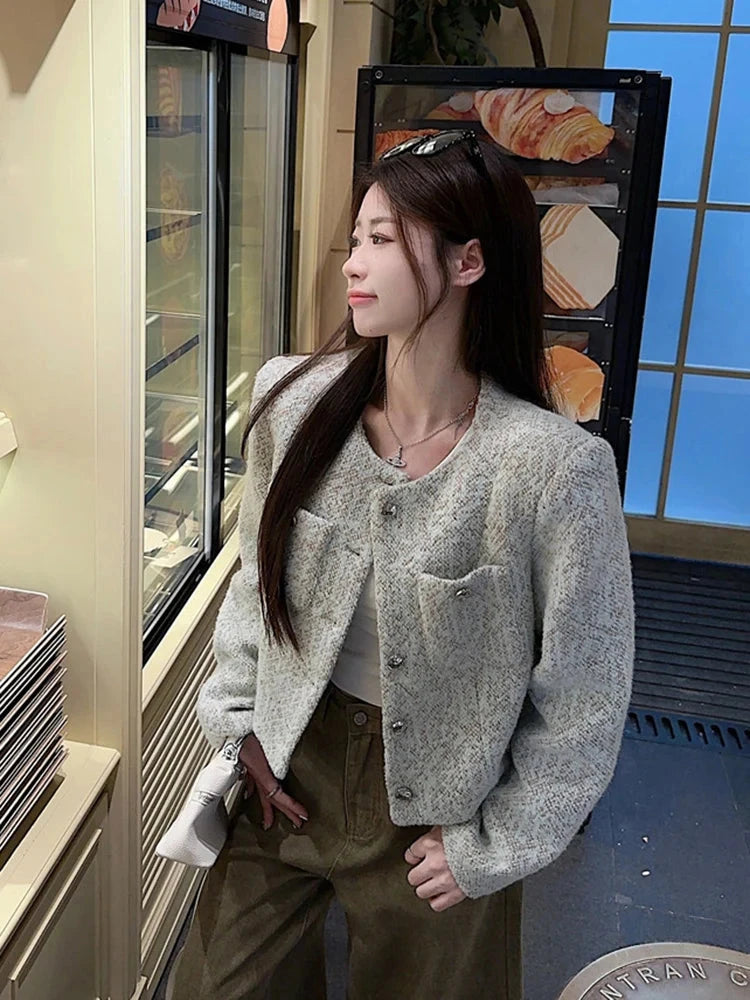 Sweet Women Slim Elegant Jacket Vintage Long Sleeve O Neck Fall Short Coat Korean Small Fragrance Single Breasted Lady Tops voguable