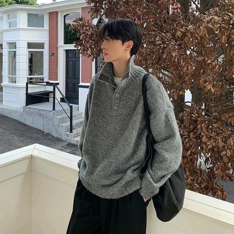 Korean Fashion Men Henry Sweaters Light Luxury Solid Color Long Sleeve Knitwear Premium Quality Button-down Knit Pullover M-3XL voguable