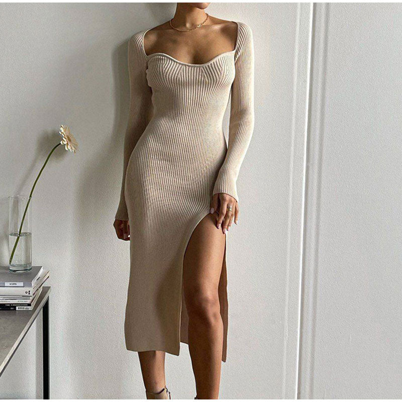 Bodycon Knitted Women Sweater Dress Long Sleeve Sexy Off Shoulder Split Elegant Party Dresses Fashion Autumn Winter voguable