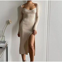 Bodycon Knitted Women Sweater Dress Long Sleeve Sexy Off Shoulder Split Elegant Party Dresses Fashion Autumn Winter voguable