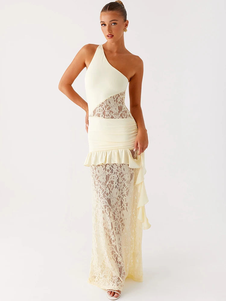 One Shoulder Backless Sexy Maxi Dress Women Lace Patchwork Fashion Sleeveless Lace-up Draped Ruffle Club Long Dress voguable