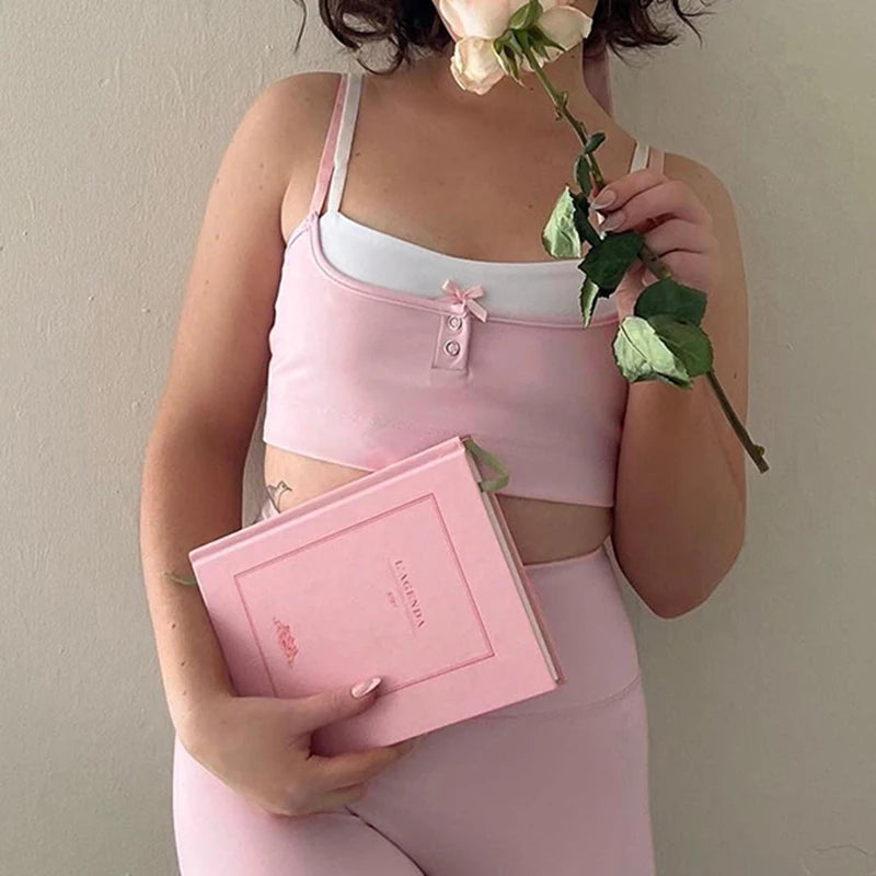 Voguable  Sweet Patchwork Camis Bow Buttons Up Sleeveless Crop Tops Y2K Aesthetic Casual Basic Vest Women Fitness Sports Tanks voguable
