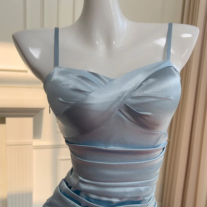 Fashion Folds Slim Dress Women's Irregular Ruffled Edge Waist Cinching Suspender Dresses 2025 Summer New Tide 3QW1329 voguable
