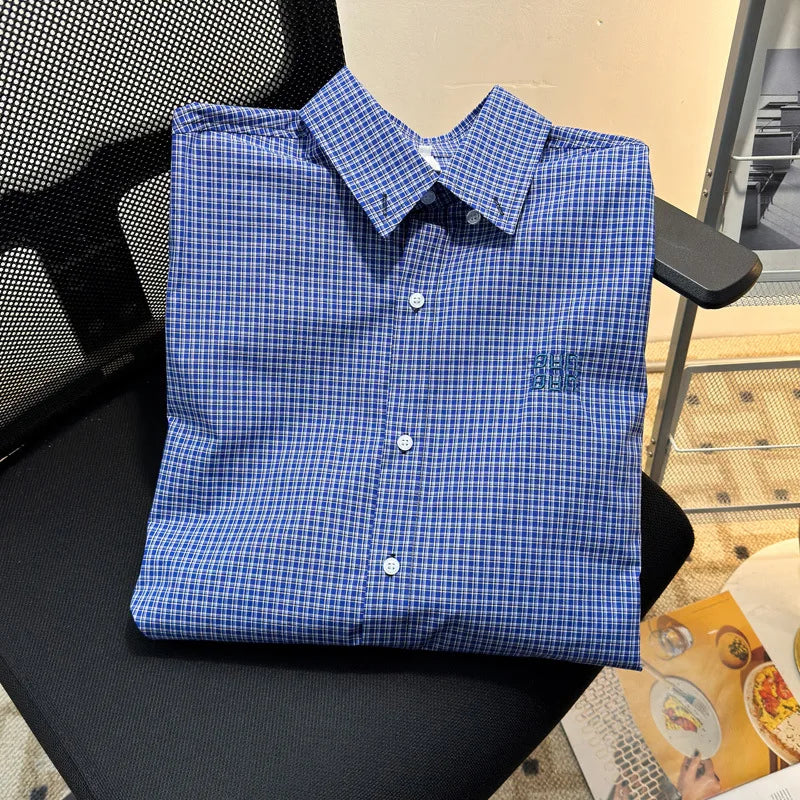 Voguable  American retro embroidered blue checkered short-sleeve shirt for men and women, summer casual loose high-end top for men voguable
