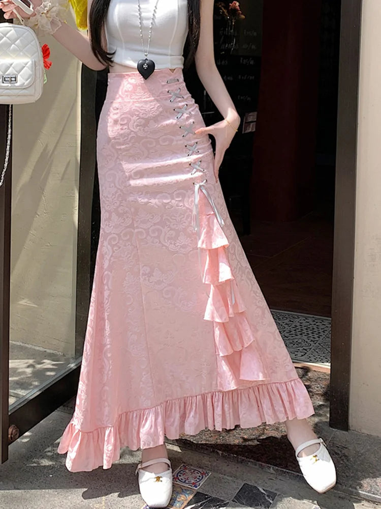 Print Vintage Long Skirt Women Casual Ruffles England Sweet Trumpet Skirts Retro Lace Up Elegant Female Design Long Skirt voguable
