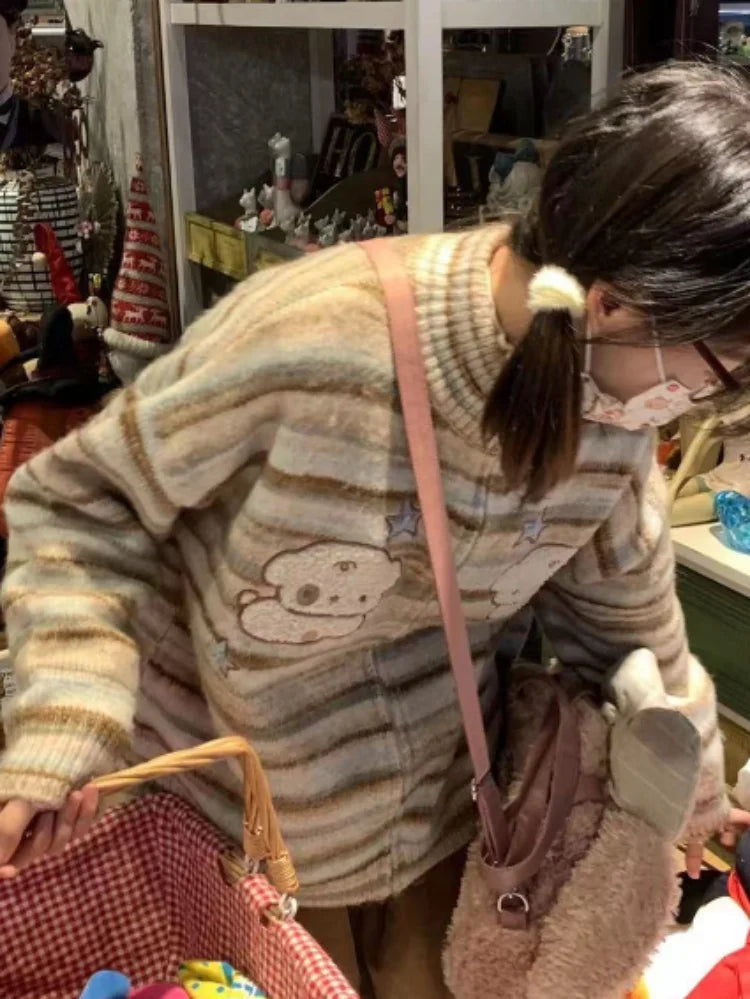 Y2k Aesthetic Japanese Knit Cardigan Kawaii Dog Embroidery Harajuku  Femme Striped Preppy Autumn Zipper y Womens voguable