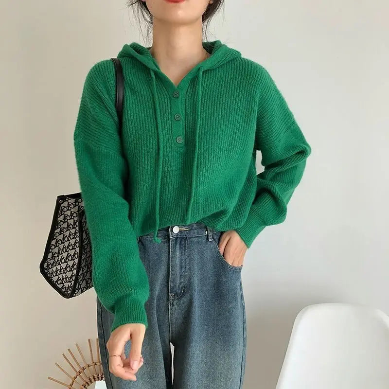 Hooded Sweater for Women Loose Button Front Long Sleeve Rib Knit Pullovers Hoodie Fall Winter Teen-girl Casual Chic Outfit voguable