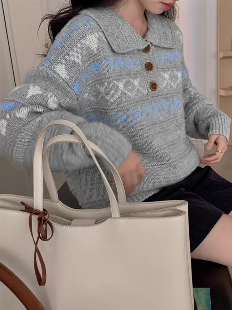 Retro Women Print Sweater Casual Korean Lazy Wind Sweet Knitted Jumpers Fall Winter Lady Long Sleeve Vintage Soft Pullover voguable