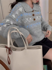 Retro Women Print Sweater Casual Korean Lazy Wind Sweet Knitted Jumpers Fall Winter Lady Long Sleeve Vintage Soft Pullover voguable